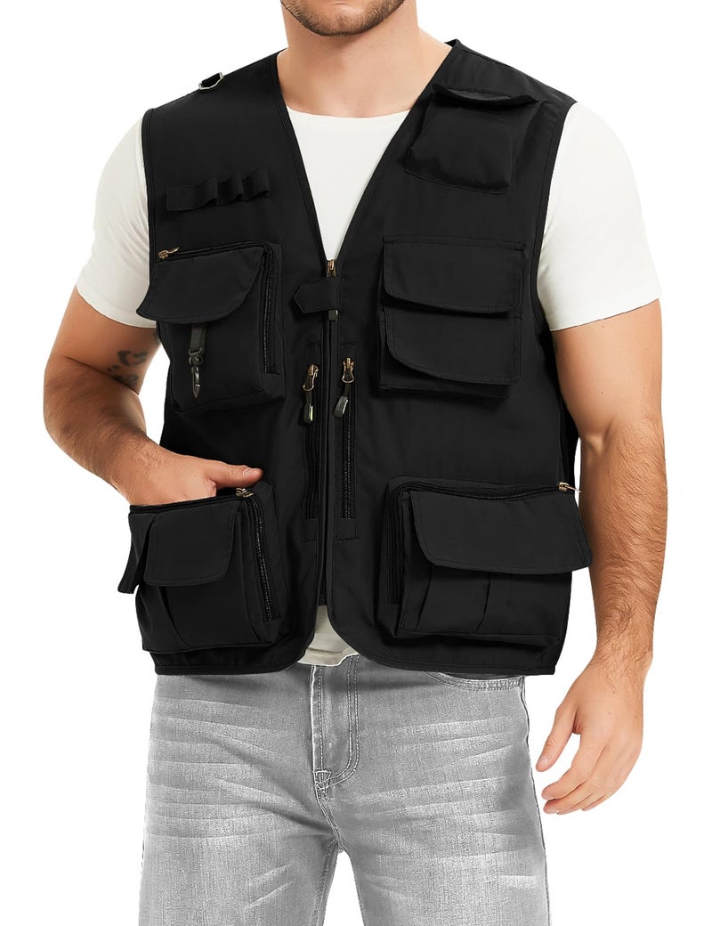 PEHMEA Men's Fishing Vest Utility Detachable Summer Vests with Pockets for Safari Travel Outdoor Work Photo Cargo Fly(Black-L) - Image 4